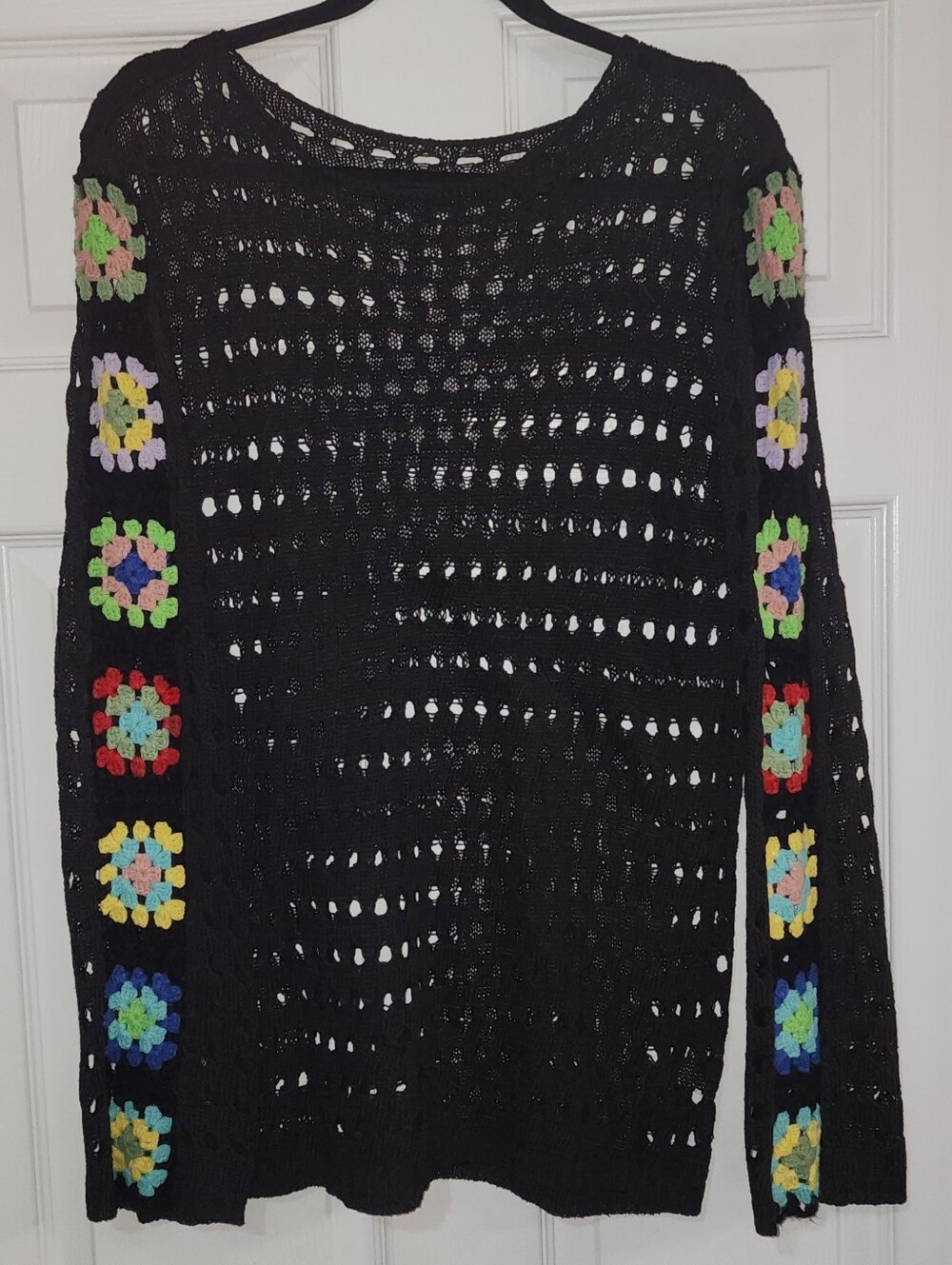 Black Crochet Open-Knit Sweater with Granny Square Accents Sz M